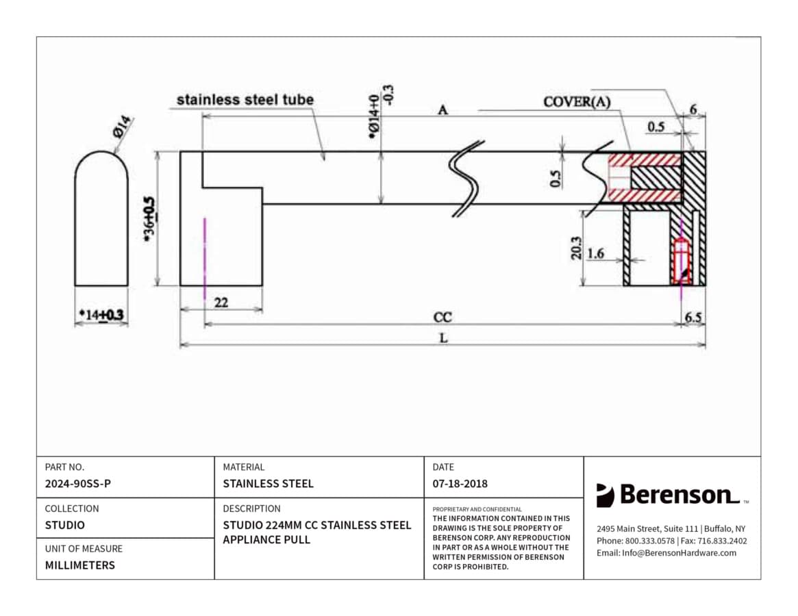 Berenson Studio 8-13/16" (224 mm) Center to Center Stainless Steel Pull, 2024-90SS-P