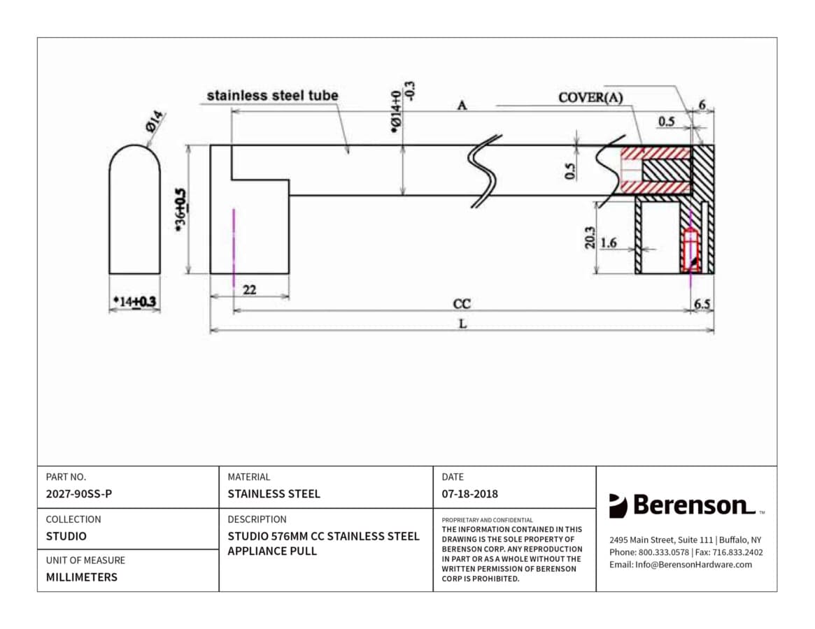 Berenson Studio 22-11/16" (576 mm) Center to Center Stainless Steel Pull, 2027-90SS-P