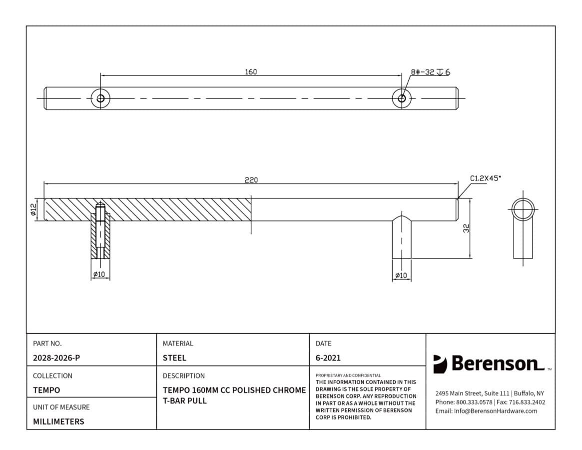 Berenson Tempo 6-5/16" (160 mm) Center to Center Polished Chrome Pull, 2028-2026-P