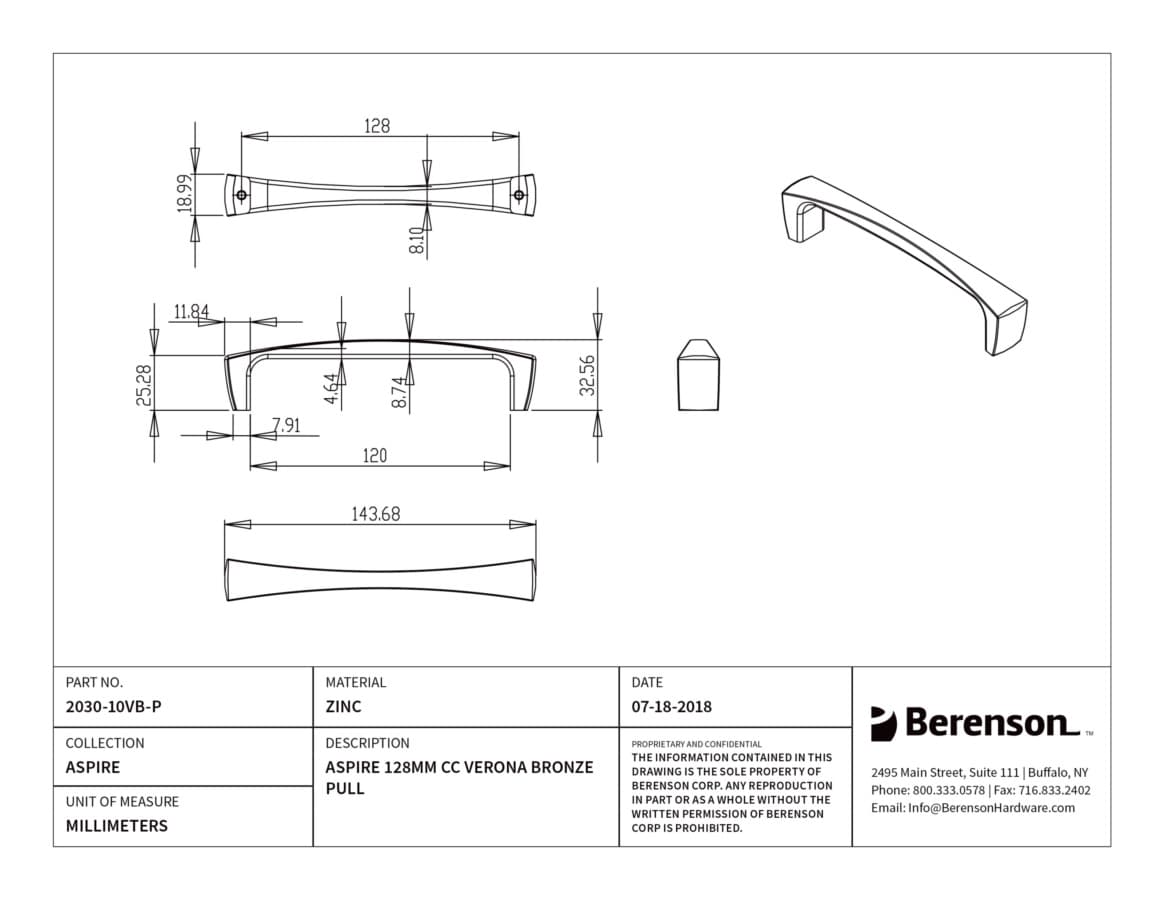 Berenson Aspire 5-1/16" (128 mm) Center to Center Verona Bronze Pull, 2030-10VB-P