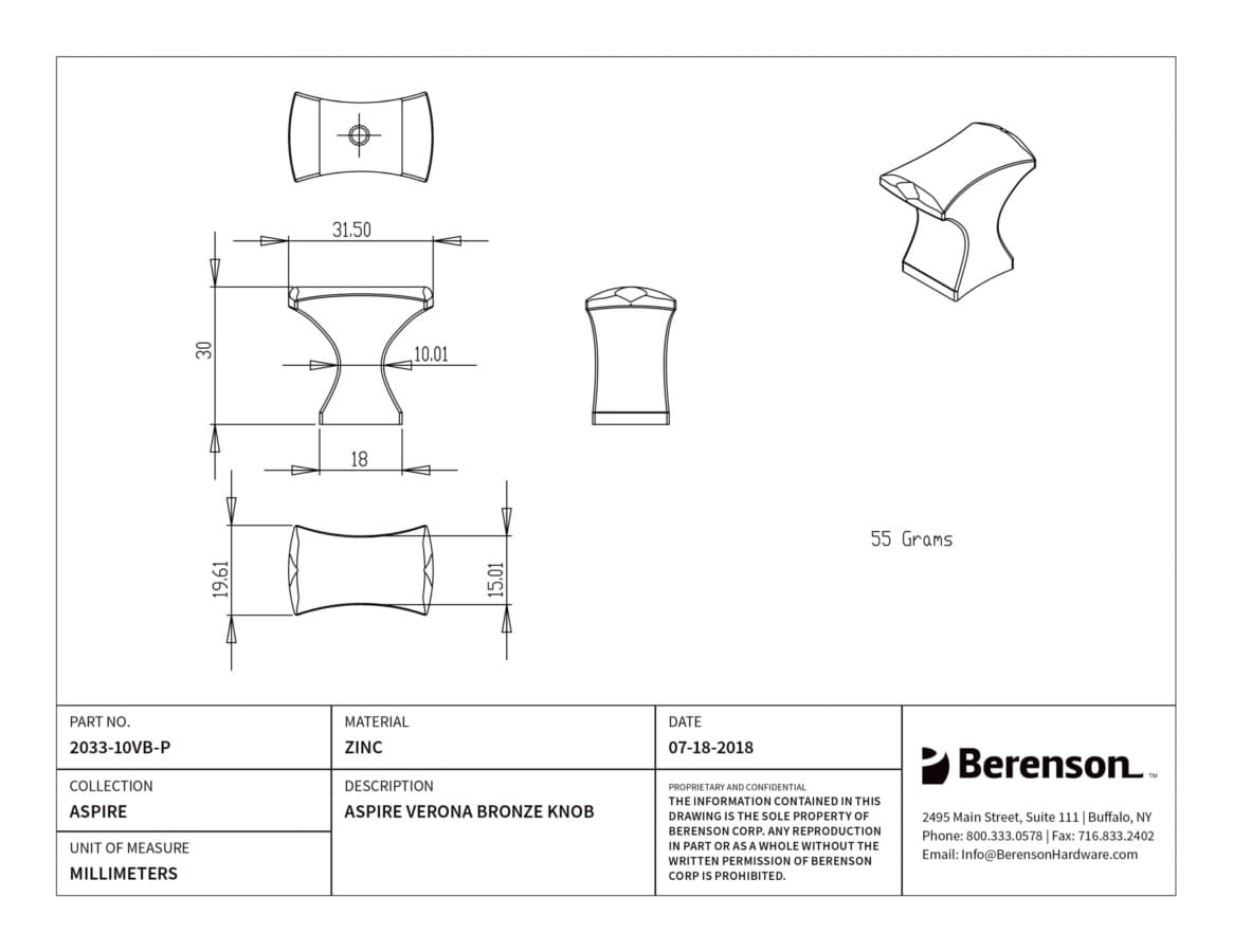 Berenson Aspire Verona Bronze 1-1/4" (32 mm) L x 3/4" (19 mm) W Knob, 2033-10VB-P