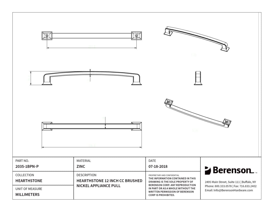 Berenson Hearthstone Brushed Nickel 12" (305 mm) Center to Center Appliance Pull, 2035-1BPN-P