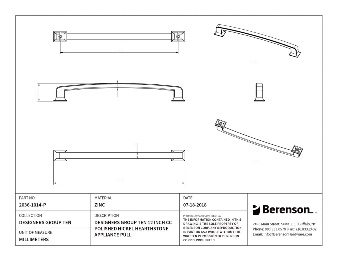 Berenson Designers Group Ten Polished Nickel 12" (305 mm) Center to Center Appliance Pull, 2036-1014-P