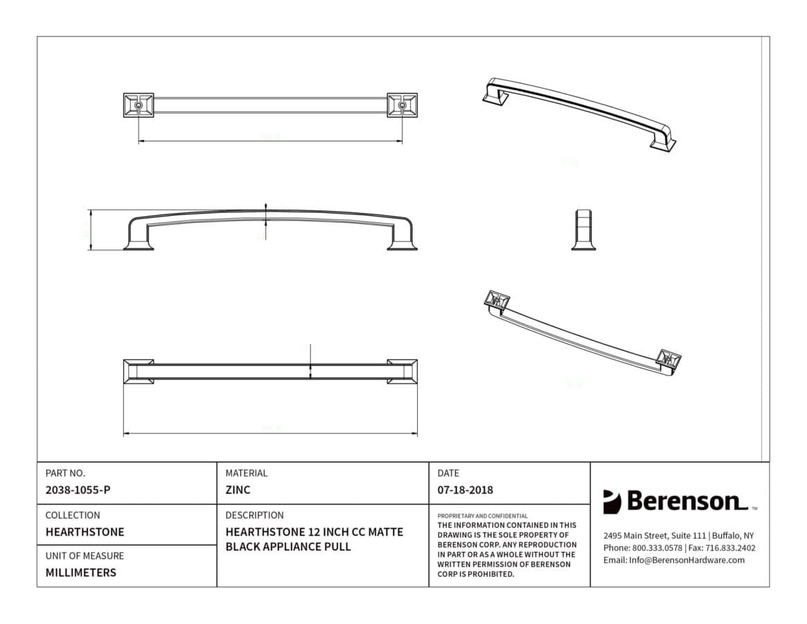 Berenson Hearthstone Matte Black 12" (305 mm) Center to Center Appliance Pull, 2038-1055-P