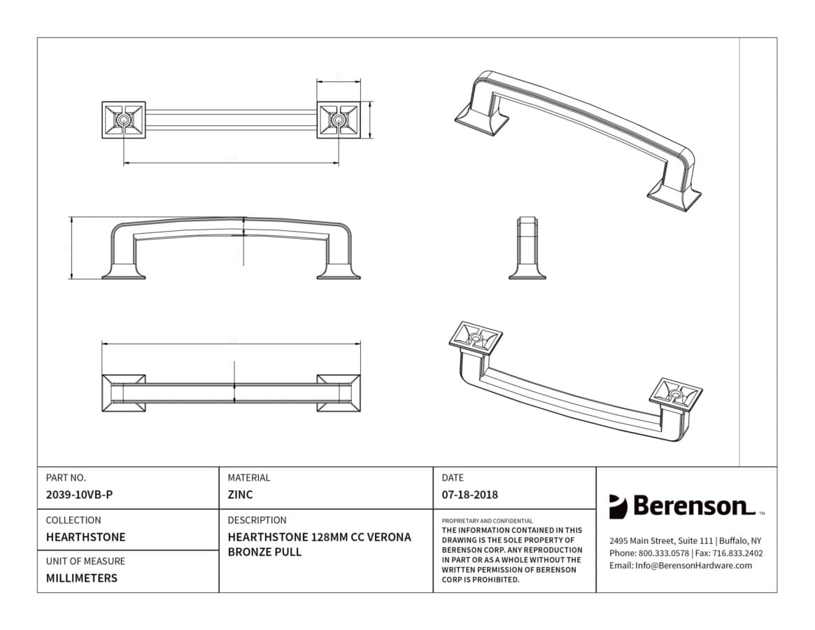Berenson Hearthstone 5-1/16" (128 mm) Center to Center Verona Bronze Pull, 2039-10VB-P