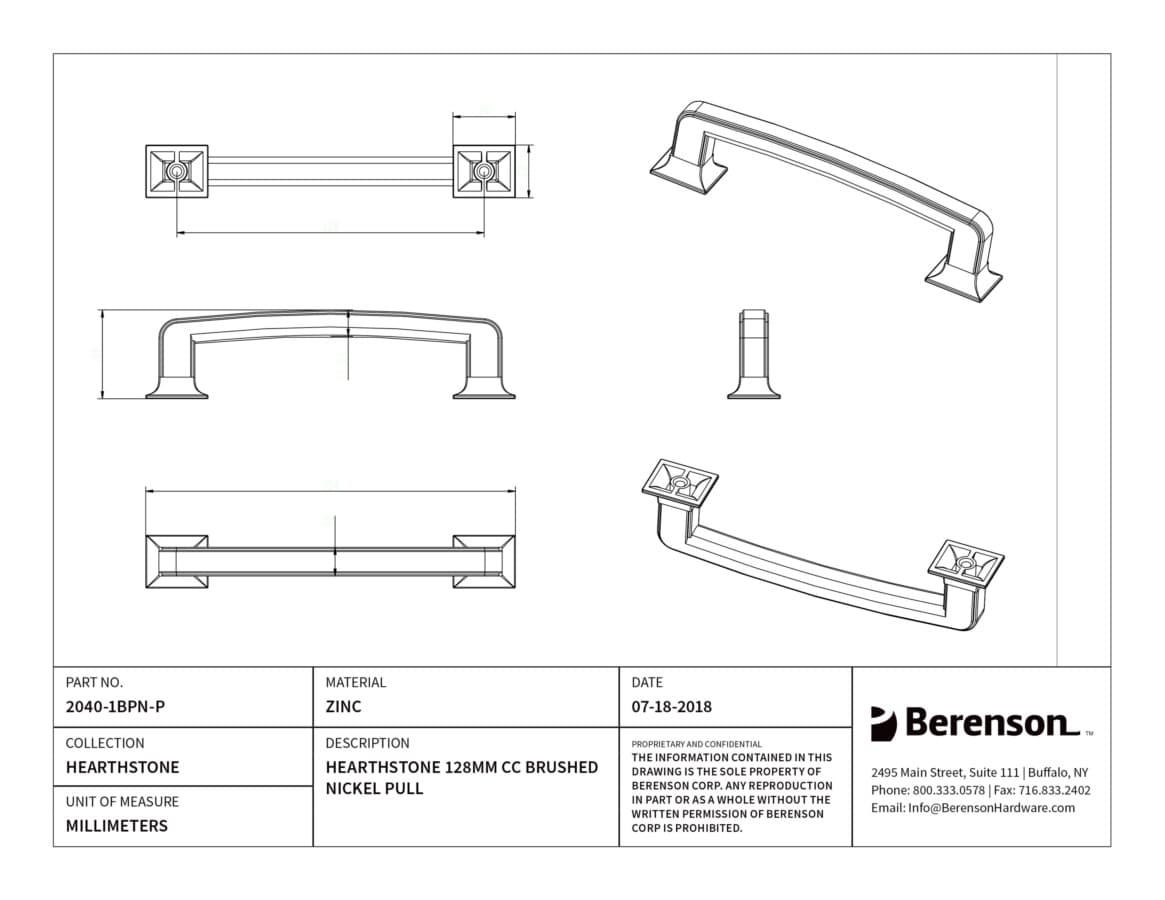 Berenson Hearthstone 5-1/16" (128 mm) Center to Center Brushed Nickel Pull, 2040-1BPN-P