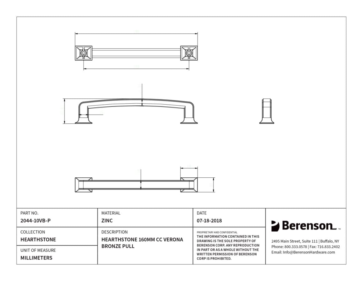 Berenson Hearthstone 6-5/16" (160 mm) Center to Center Verona Bronze Pull, 2044-10VB-P