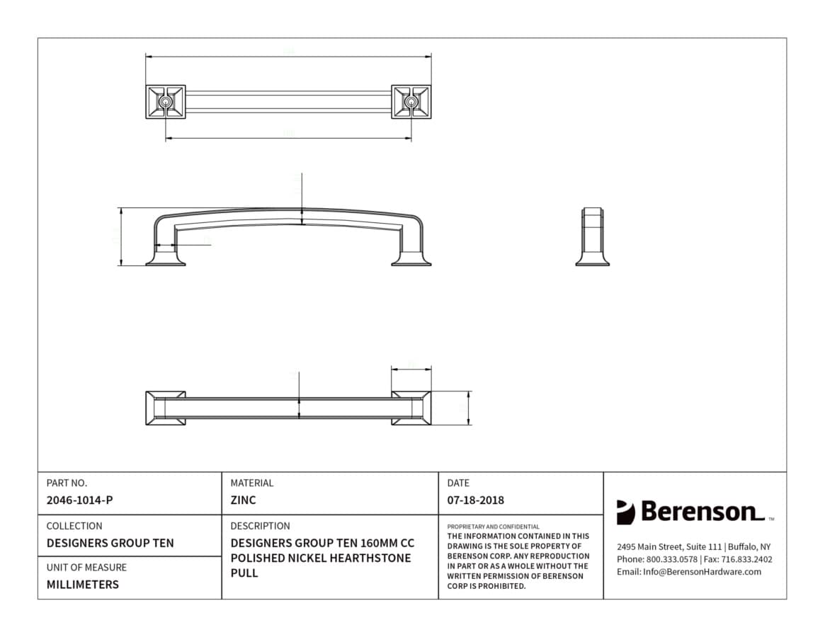 Berenson Designers Group Ten 6-5/16" (160 mm) Center to Center Polished Nickel Pull, 2046-1014-P