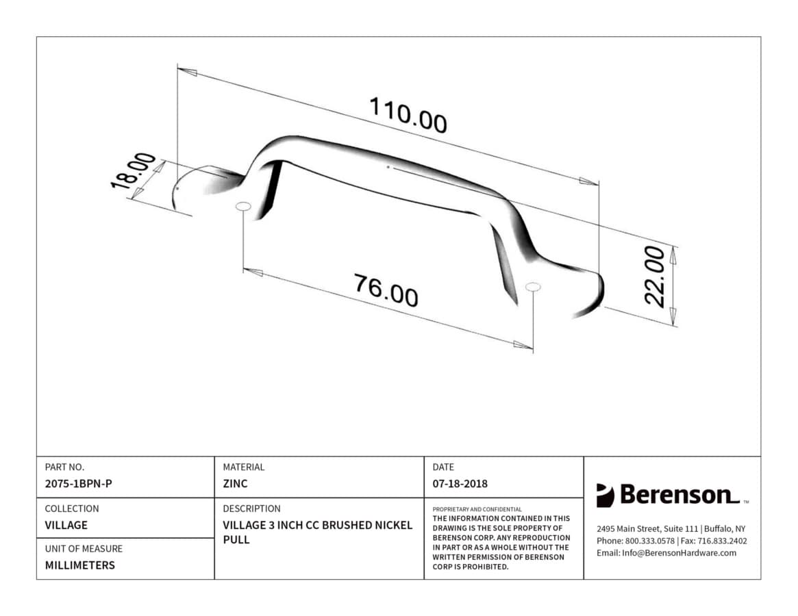Berenson Village 3" (76 mm) Center to Center Brushed Nickel Pull, 2075-1BPN-P