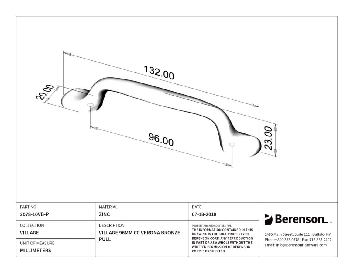 Berenson Village 3-3/4" (96 mm) Center to Center Verona Bronze Pull, 2078-10VB-P