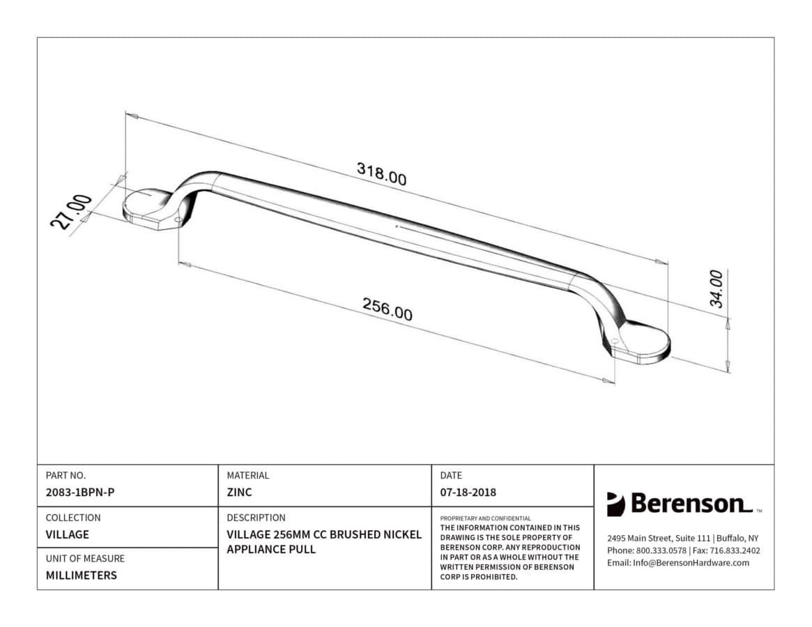 Berenson Village Brushed Nickel 10-1/16" (256 mm) Center to Center Appliance Pull, 2083-1BPN-P