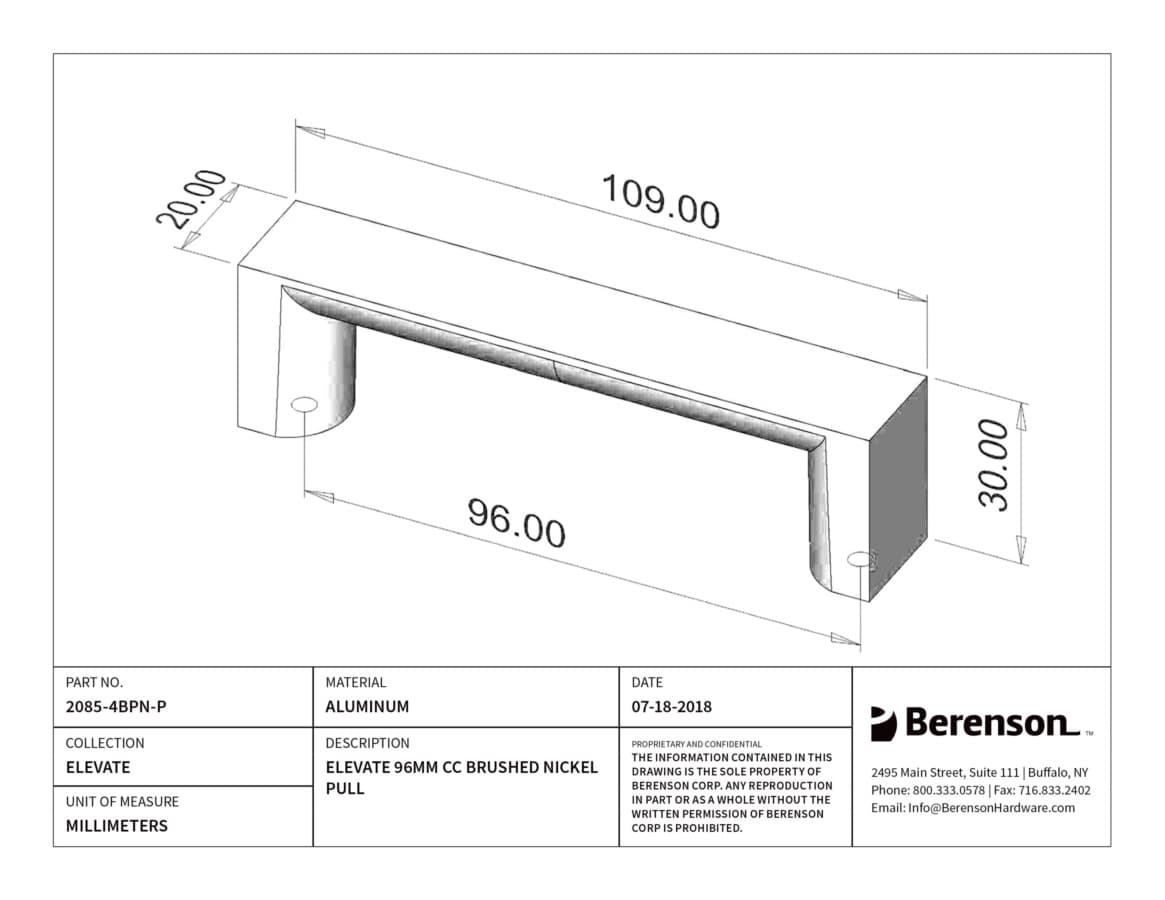 Berenson Elevate 3-3/4" (96 mm) Center to Center Brushed Nickel Pull, 2085-4BPN-P