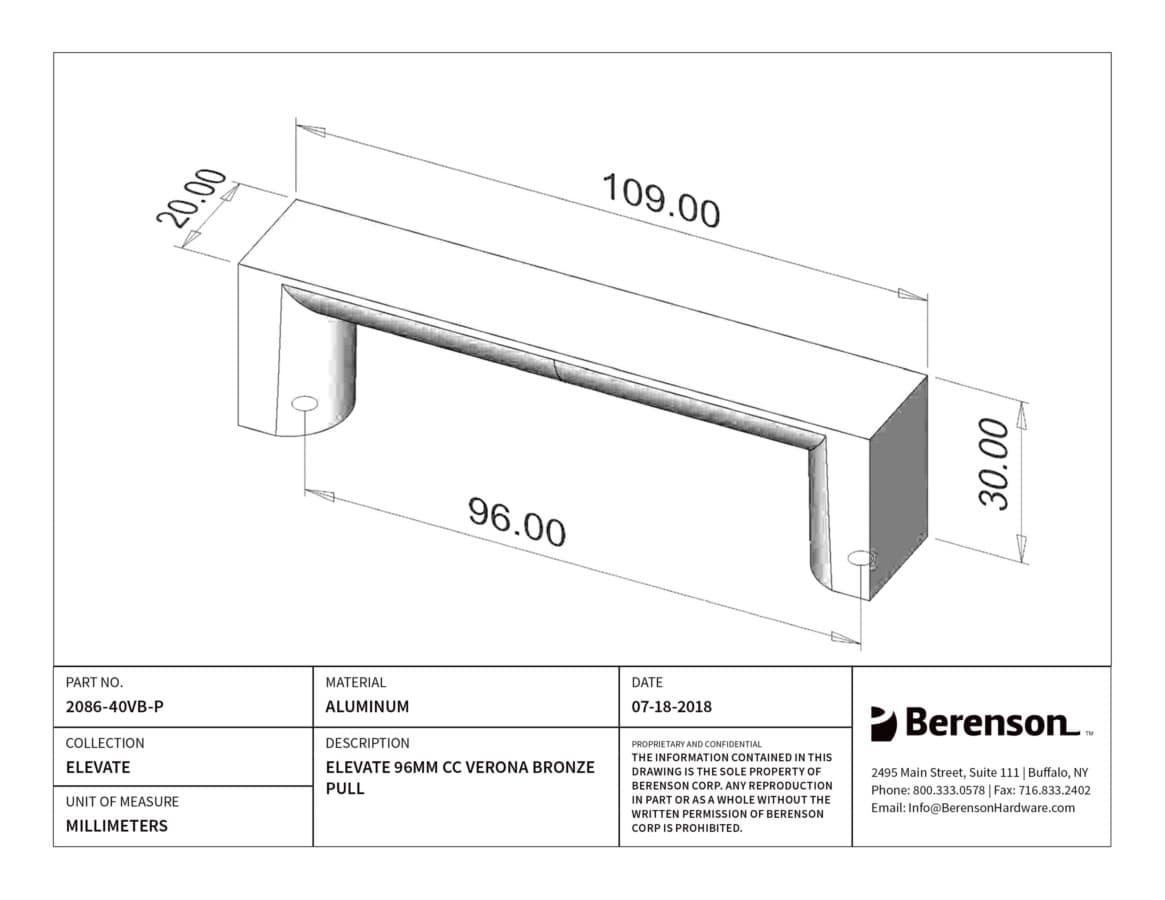 Berenson Elevate 3-3/4" (96 mm) Center to Center Verona Bronze Pull, 2086-40VB-P