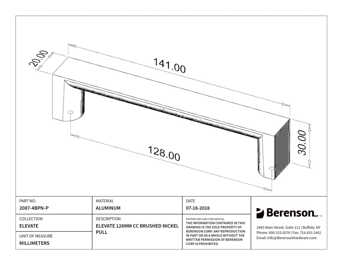Berenson Elevate 5-1/16" (128 mm) Center to Center Brushed Nickel Pull, 2087-4BPN-P