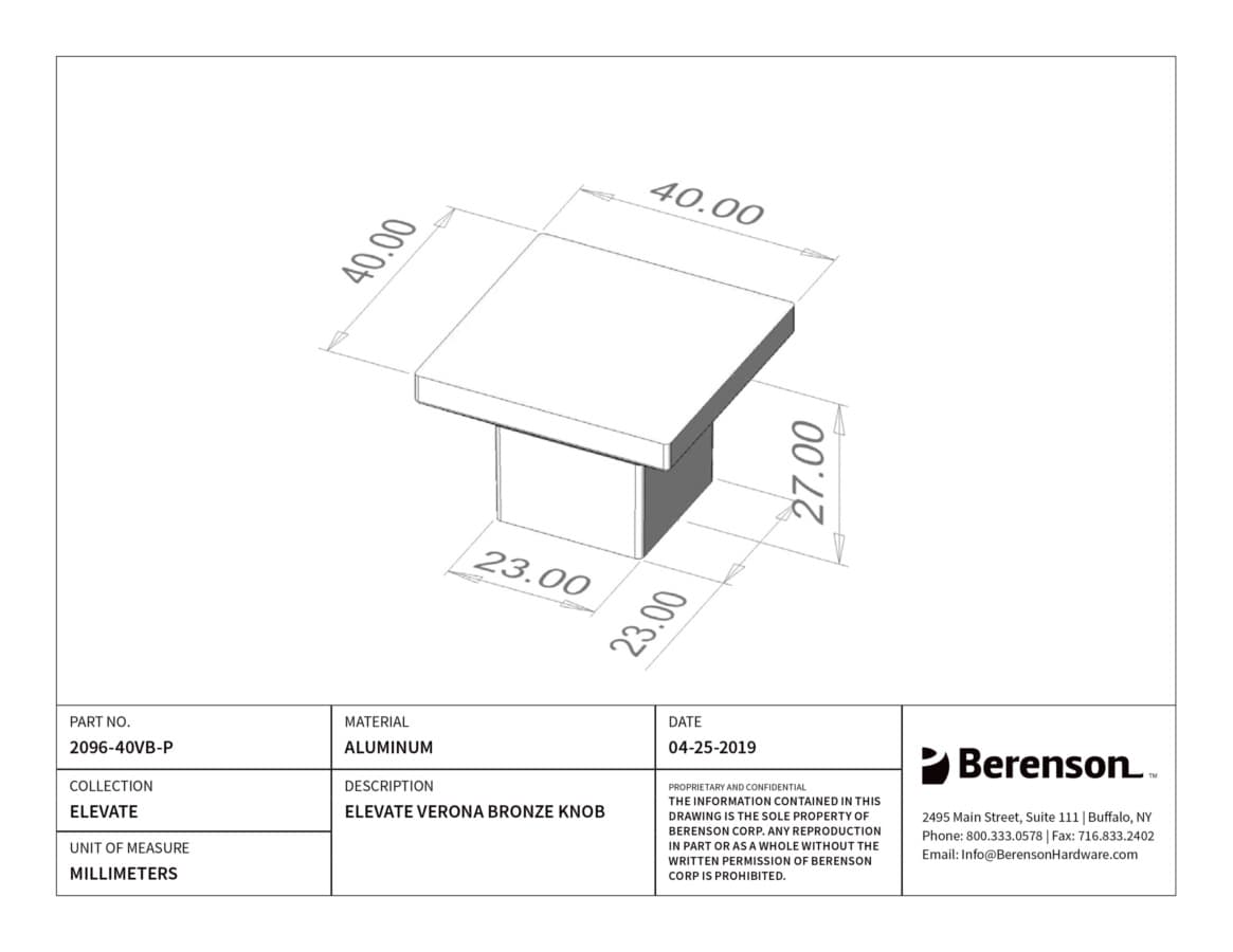 Berenson Elevate Verona Bronze 1-9/16" (40 mm) L x 1-9/16" (40 mm) W Knob, 2096-40VB-P