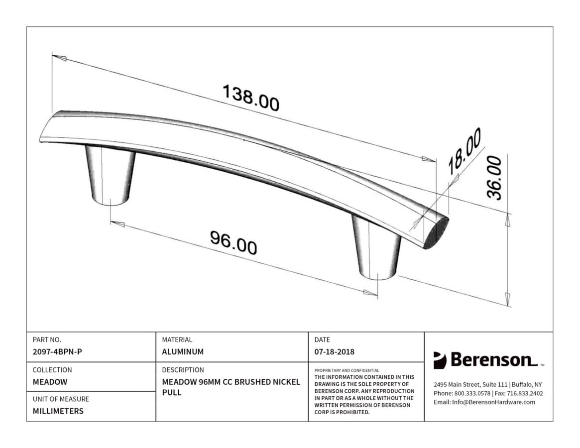 Berenson Meadow 3-3/4" (96 mm) Center to Center Brushed Nickel Pull, 2097-4BPN-P