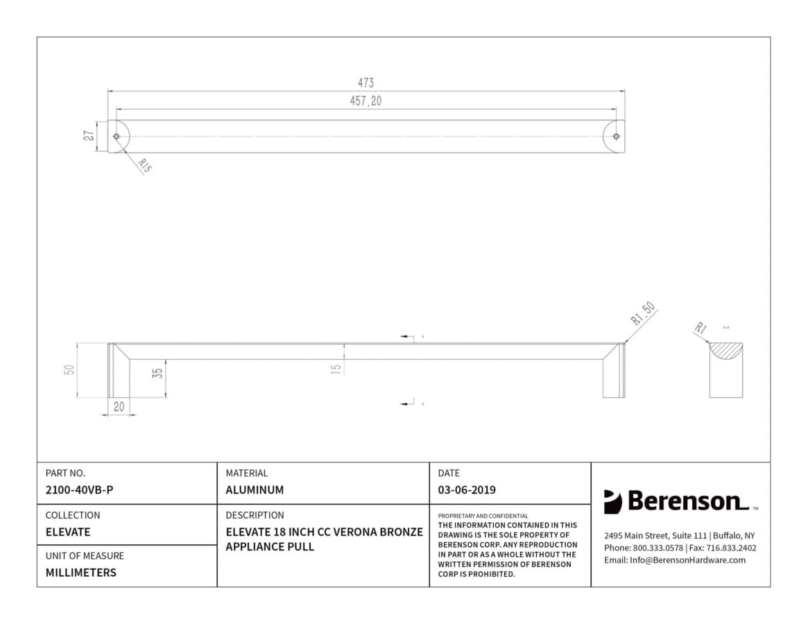 Berenson Elevate Verona Bronze 18" (457 mm) Center to Center Appliance Pull, 2100-40VB-P