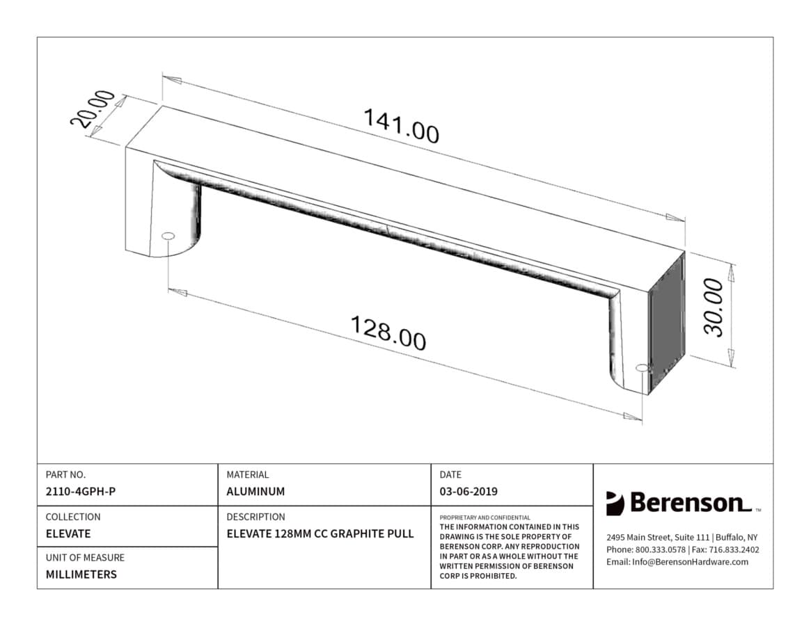 Berenson Elevate 5-1/16" (128 mm) Center to Center Graphite Pull, 2110-4GPH-P