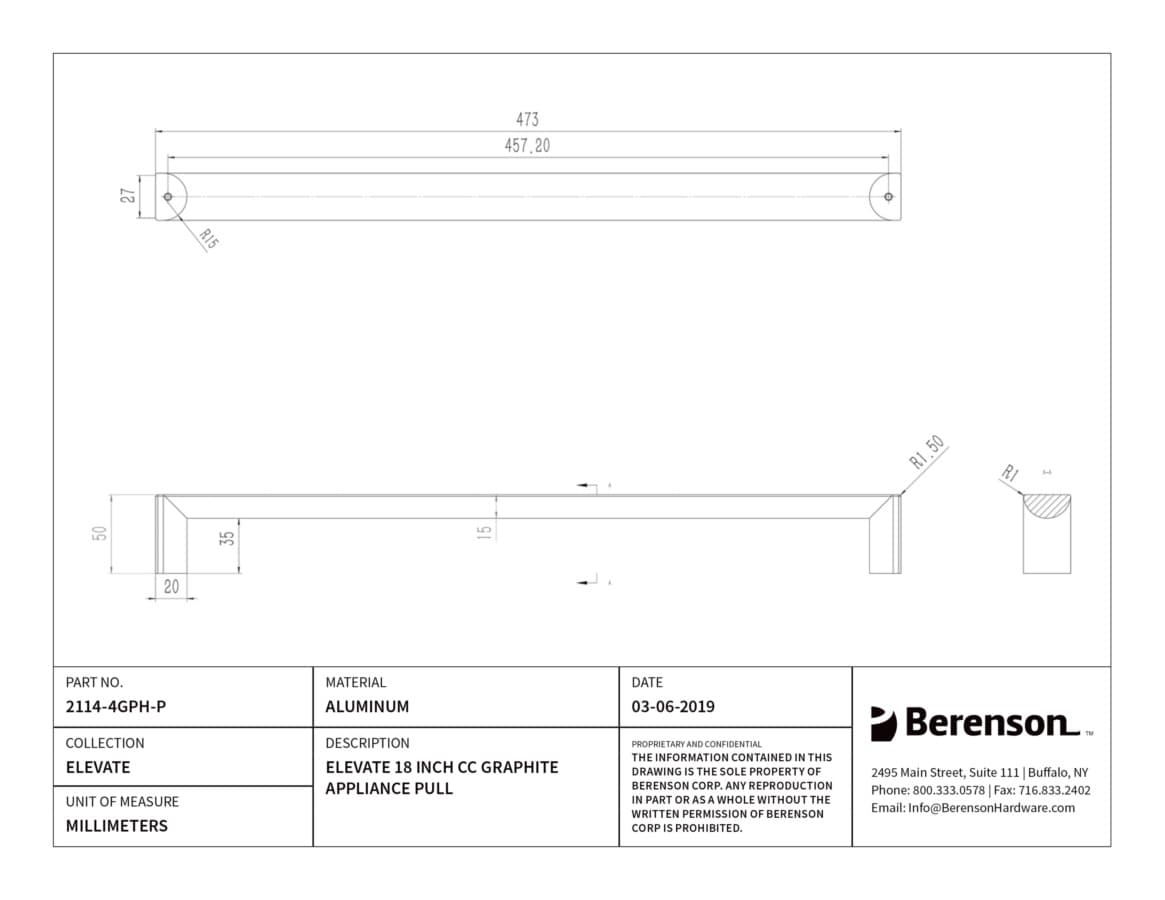 Berenson Elevate Graphite 18" (457 mm) Center to Center Appliance Pull, 2114-4GPH-P
