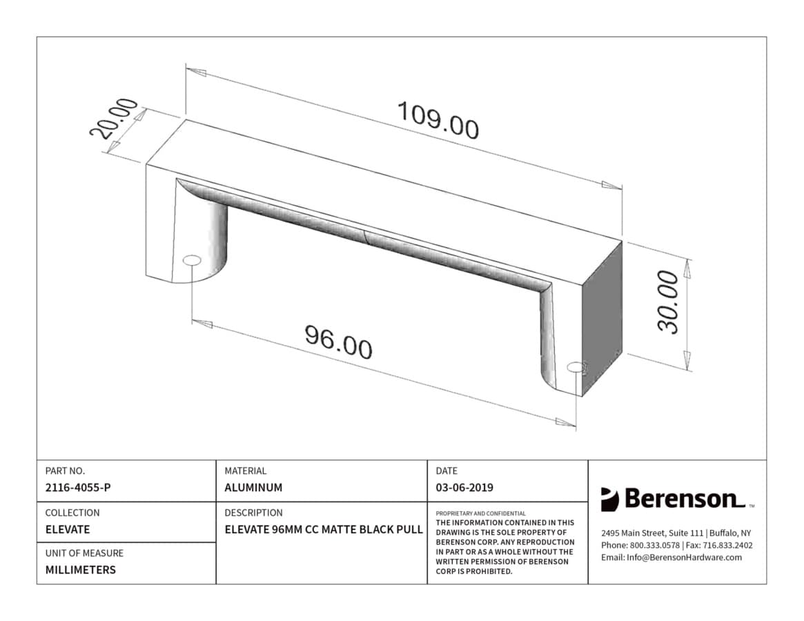 Berenson Elevate 3-3/4" (95 mm) Center to Center Matte Black Pull, 2116-4055-P