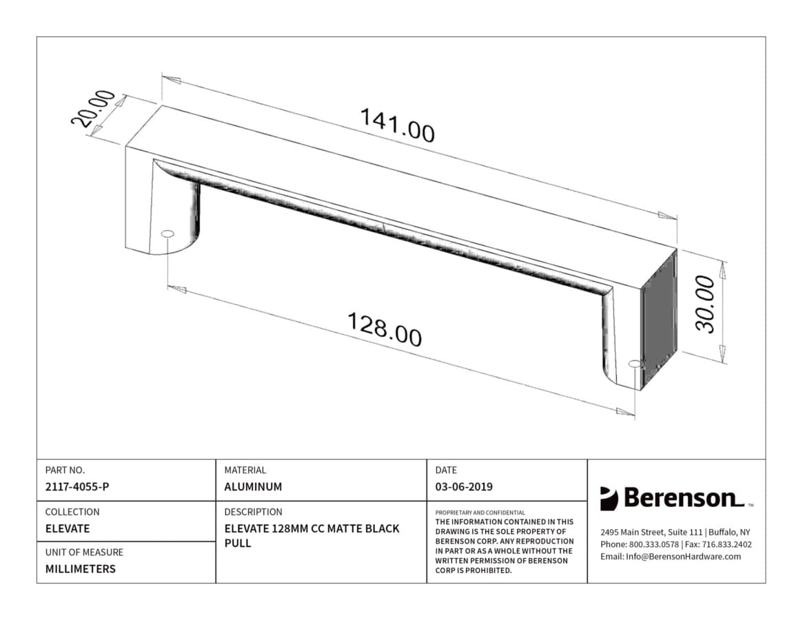Berenson Elevate 5-1/16" (128 mm) Center to Center Matte Black Pull, 2117-4055-P