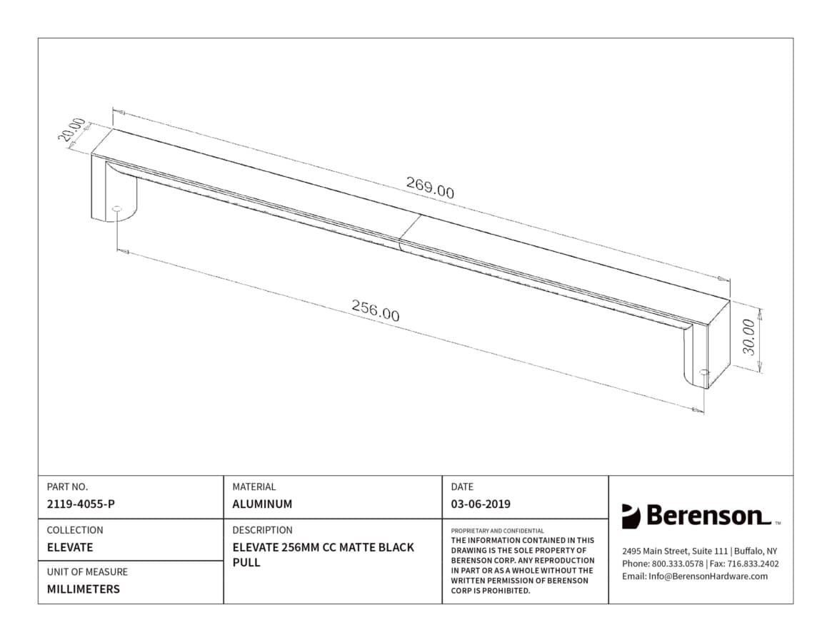 Berenson Elevate 10-1/16" (256 mm) Center to Center Matte Black Pull, 2119-4055-P