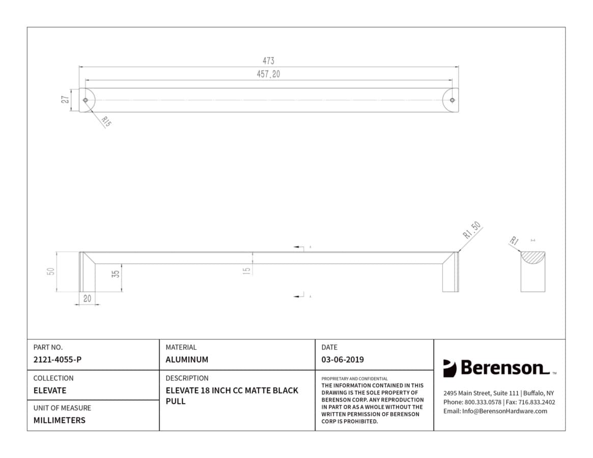 Berenson Elevate Matte Black 18" (457 mm) Center to Center Appliance Pull, 2121-4055-P