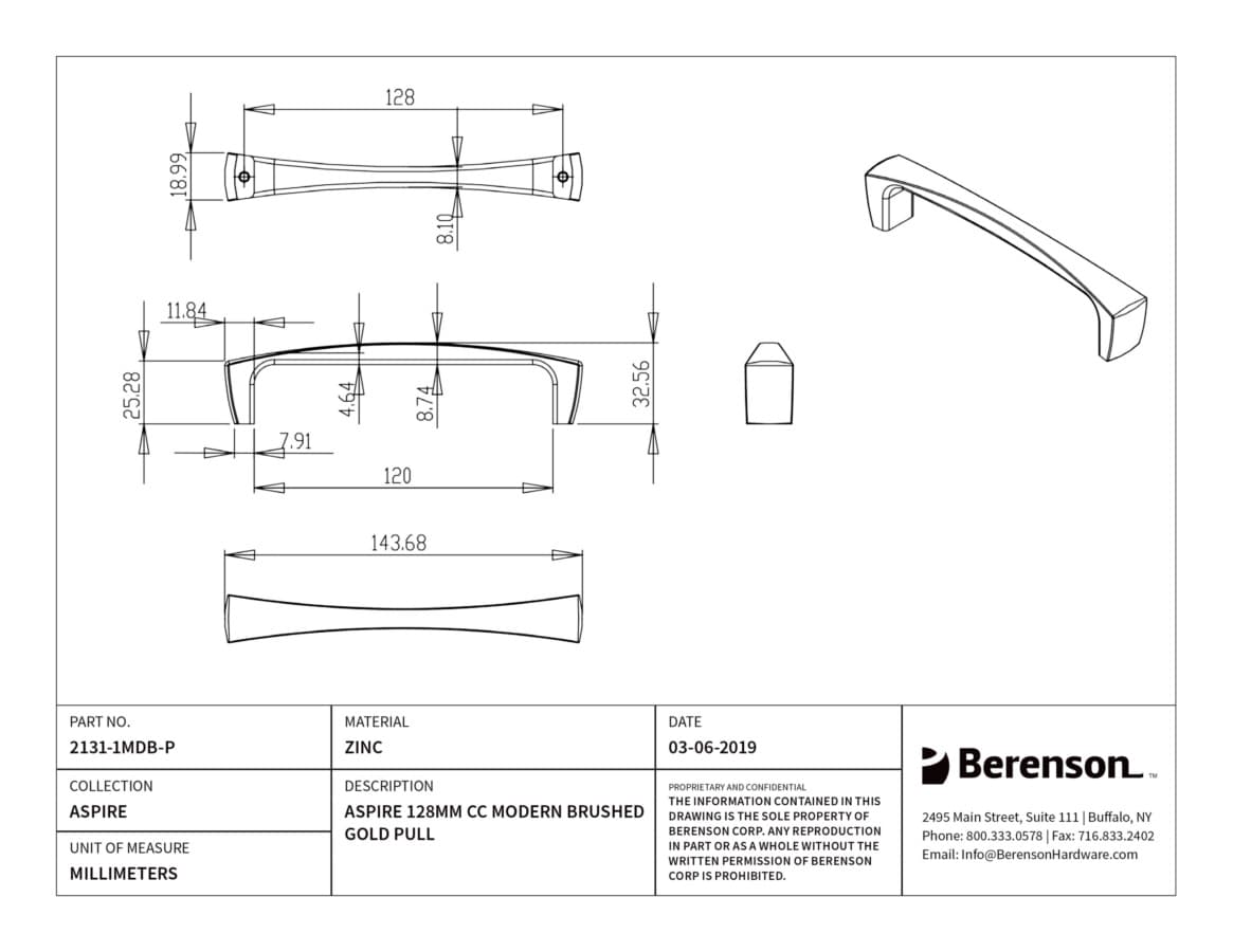Berenson Aspire 5-1/16" (128 mm) Center to Center Modern Brushed Gold Pull, 2131-1MDB-P