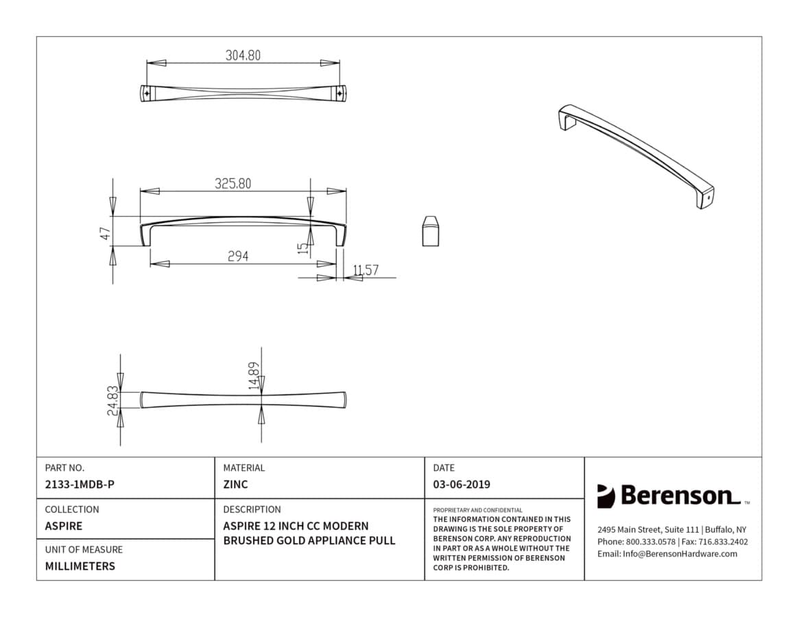 Berenson Aspire Modern Brushed Gold 12" (305 mm) Center to Center Appliance Pull, 2133-1MDB-P