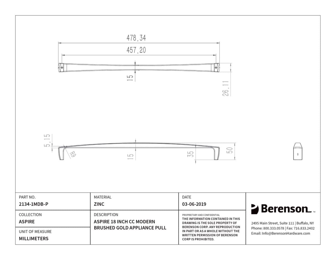 Berenson Aspire Modern Brushed Gold 18" (457 mm) Center to Center Appliance Pull, 2134-1MDB-P