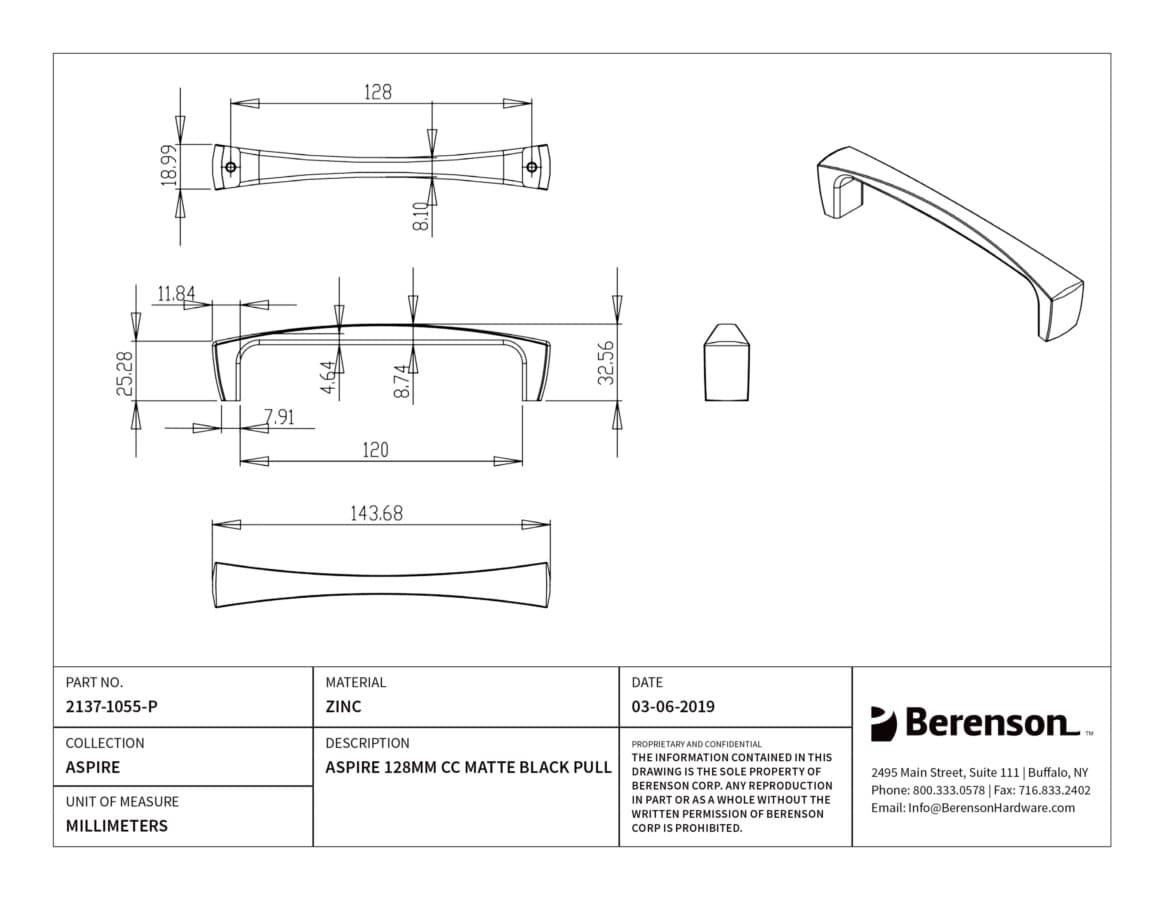 Berenson Aspire 5-1/16" (128 mm) Center to Center Matte Black Pull, 2137-1055-P