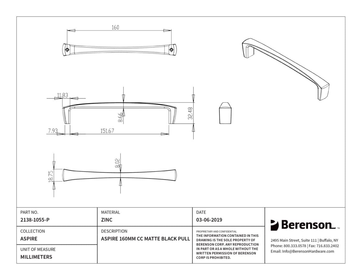 Berenson Aspire 6-5/16" (160 mm) Center to Center Matte Black Pull, 2138-1055-P