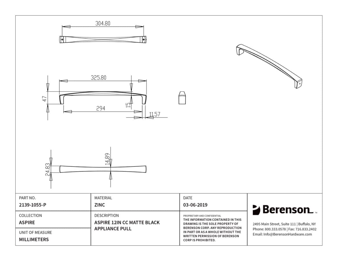 Berenson Aspire Matte Black 12" (305 mm) Center to Center Appliance Pull, 2139-1055-P