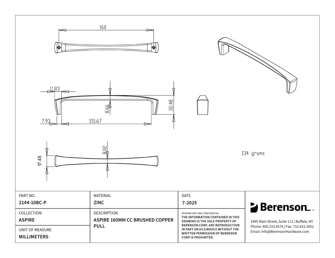 Berenson Aspire 6-5/16" (160 mm) Center to Center Brushed Copper Pull, 2144-10BC-P
