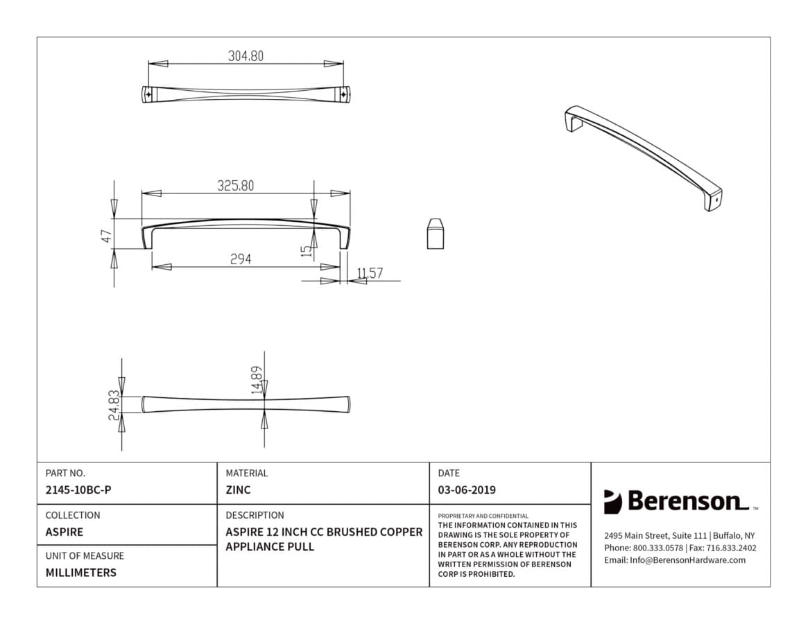 Berenson Aspire Brushed Copper 12" (305 mm) Center to Center Appliance Pull, 2145-10BC-P