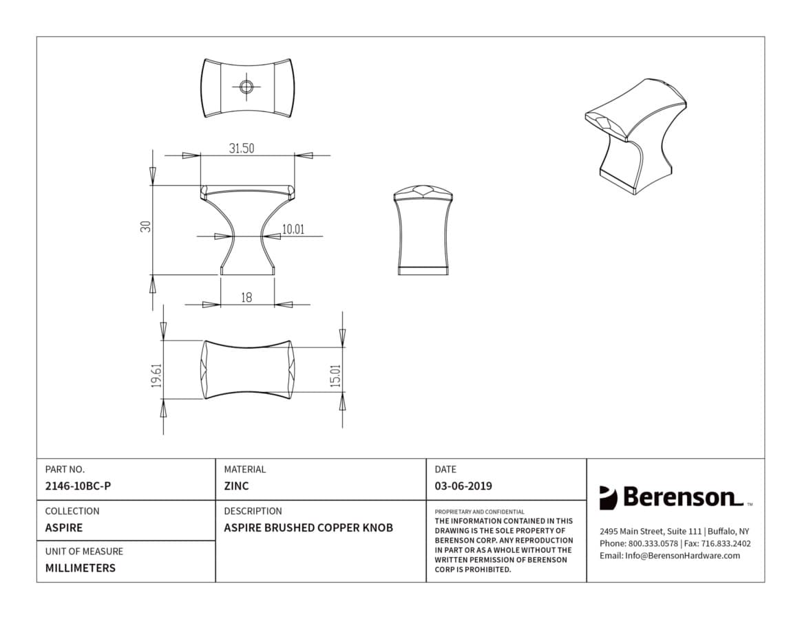 Berenson Aspire Brushed Copper 1-1/4" (32 mm) L x 1-1/32" (26 mm) W Knob, 2146-10BC-P