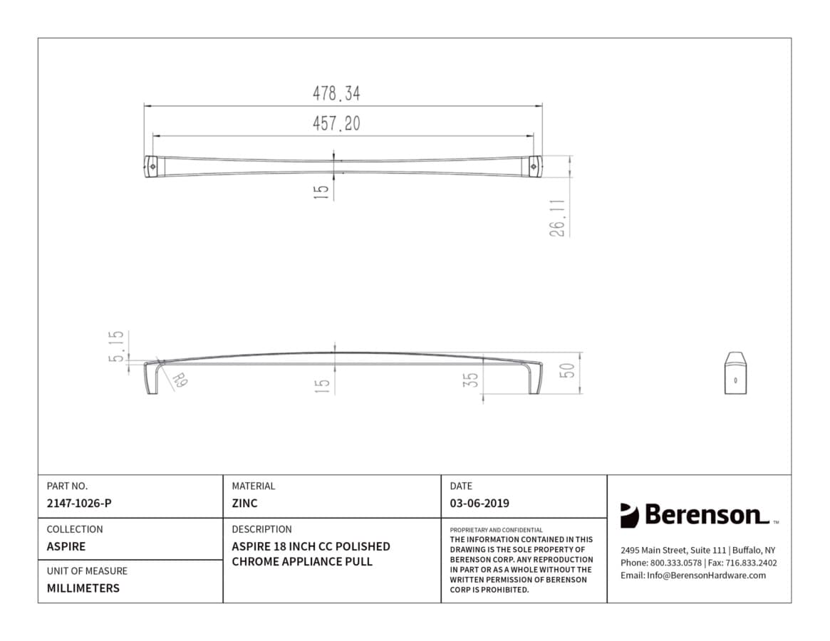 Berenson Aspire Polished Chrome 18" (457 mm) Center to Center Appliance Pull, 2147-1026-P