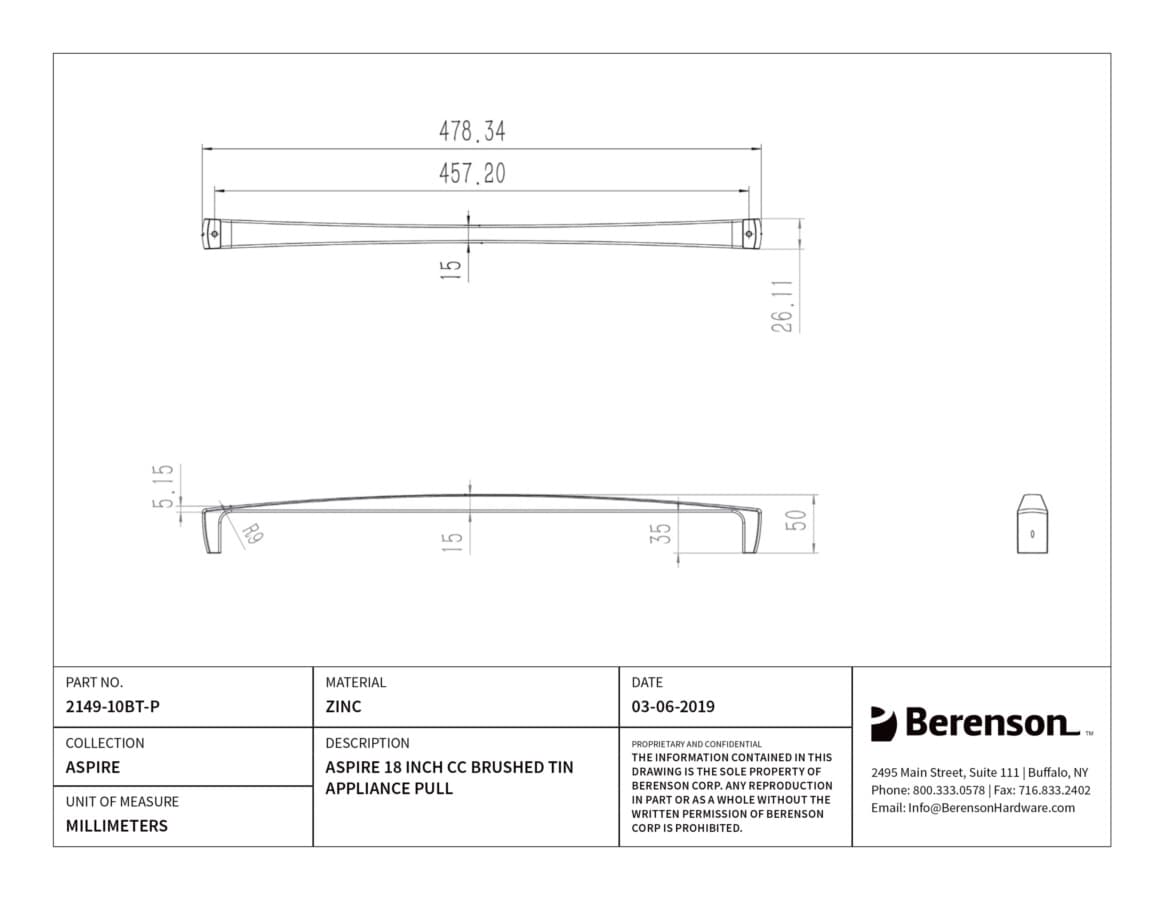 Berenson Aspire Brushed Tin 18" (457 mm) Center to Center Appliance Pull, 2149-10BT-P