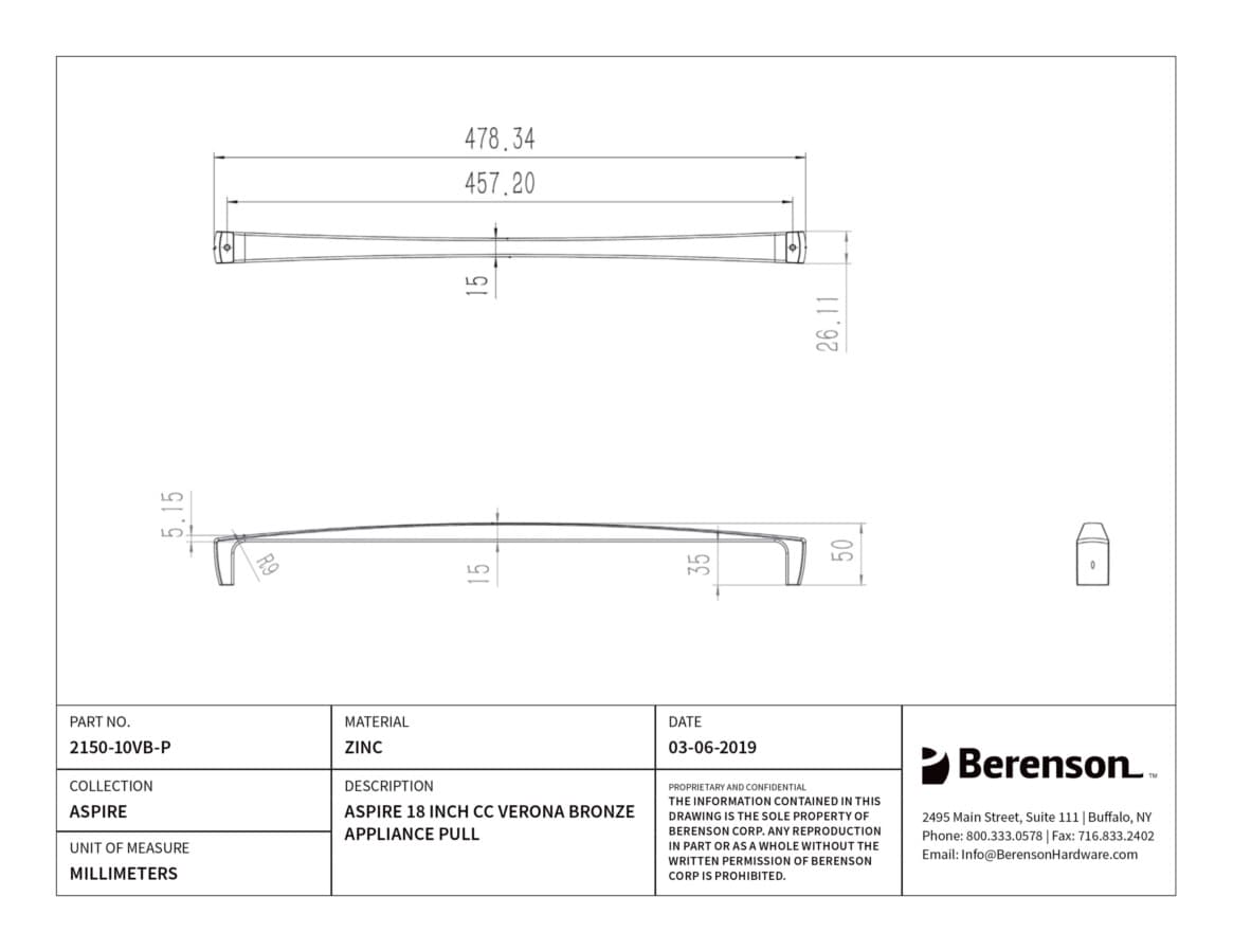 Berenson Aspire Verona Bronze 18" (457 mm) Center to Center Appliance Pull, 2150-10VB-P