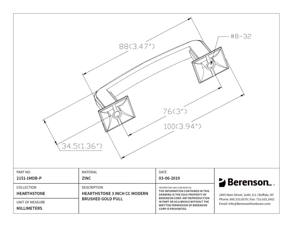 Berenson Hearthstone 3" (76 mm) Center to Center Modern Brushed Gold Pull, 2151-1MDB-P