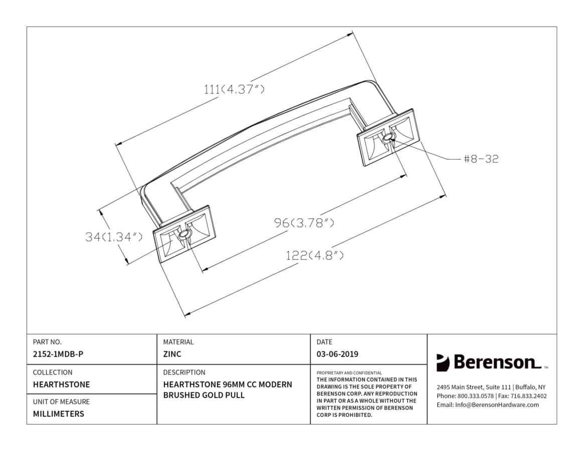 Berenson Hearthstone 3-3/4" (95 mm) Center to Center Modern Brushed Gold Pull, 2152-1MDB-P