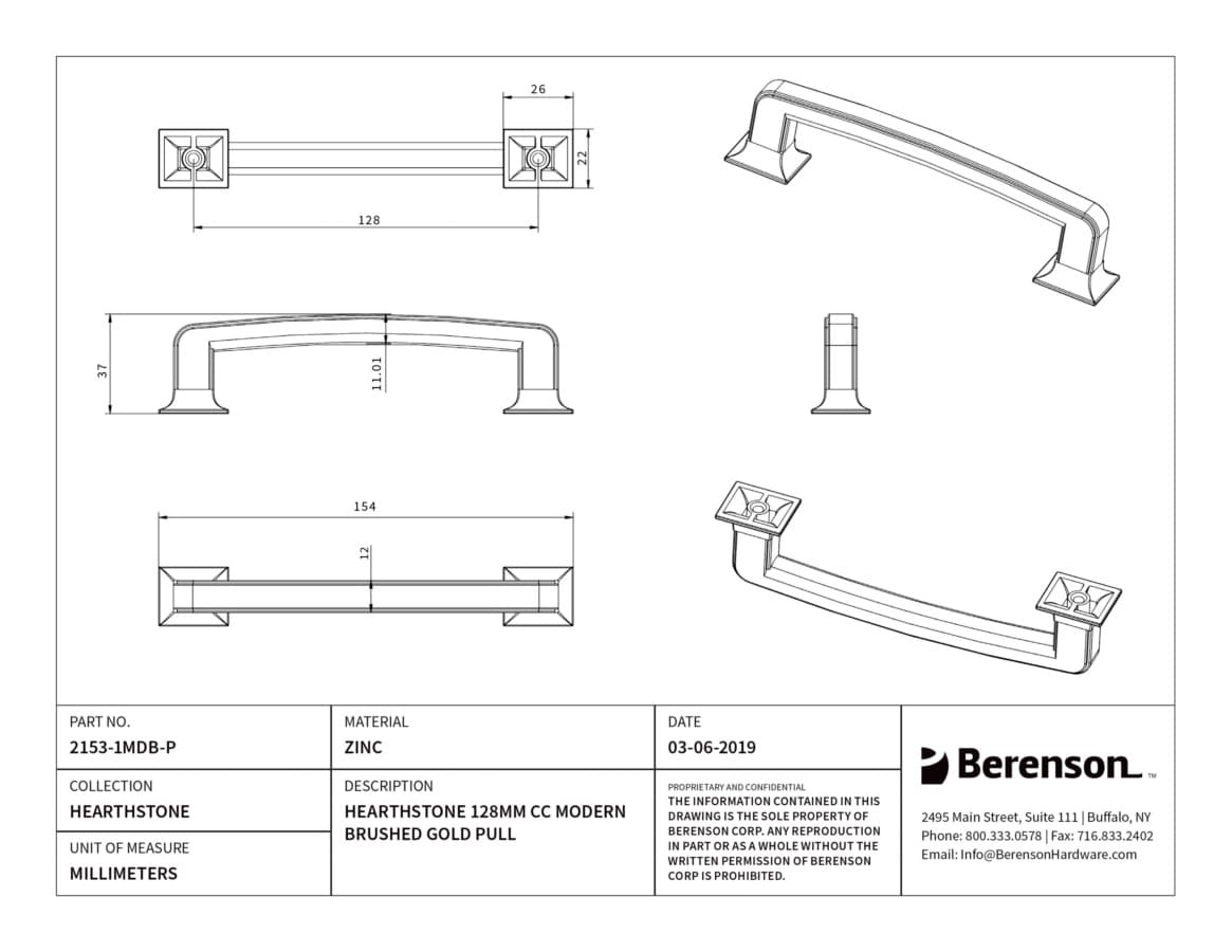 Berenson Hearthstone 5-1/16" (128 mm) Center to Center Modern Brushed Gold Pull, 2153-1MDB-P