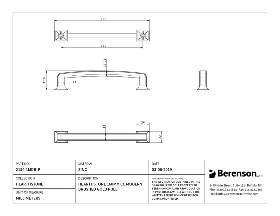 Berenson Hearthstone 6-5/16" (160 mm) Center to Center Modern Brushed Gold Pull, 2154-1MDB-P