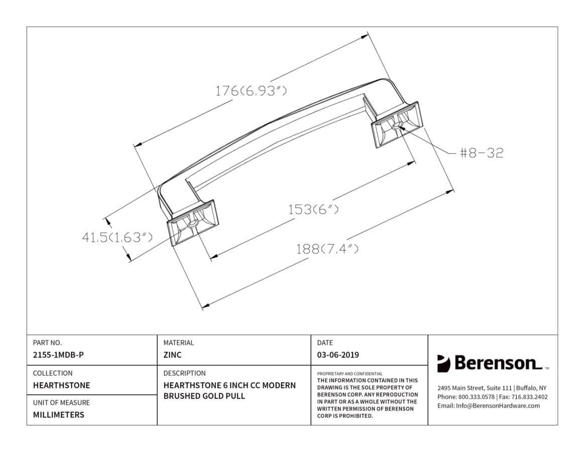 Berenson Hearthstone 6" (152 mm) Center to Center Modern Brushed Gold Pull, 2155-1MDB-P