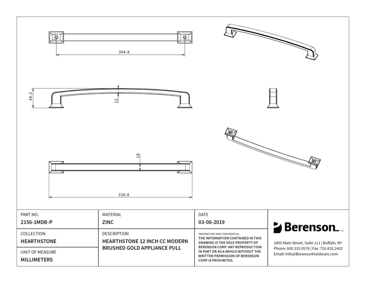Berenson Hearthstone Modern Brushed Gold 12" (305 mm) Center to Center Appliance Pull, 2156-1MDB-P