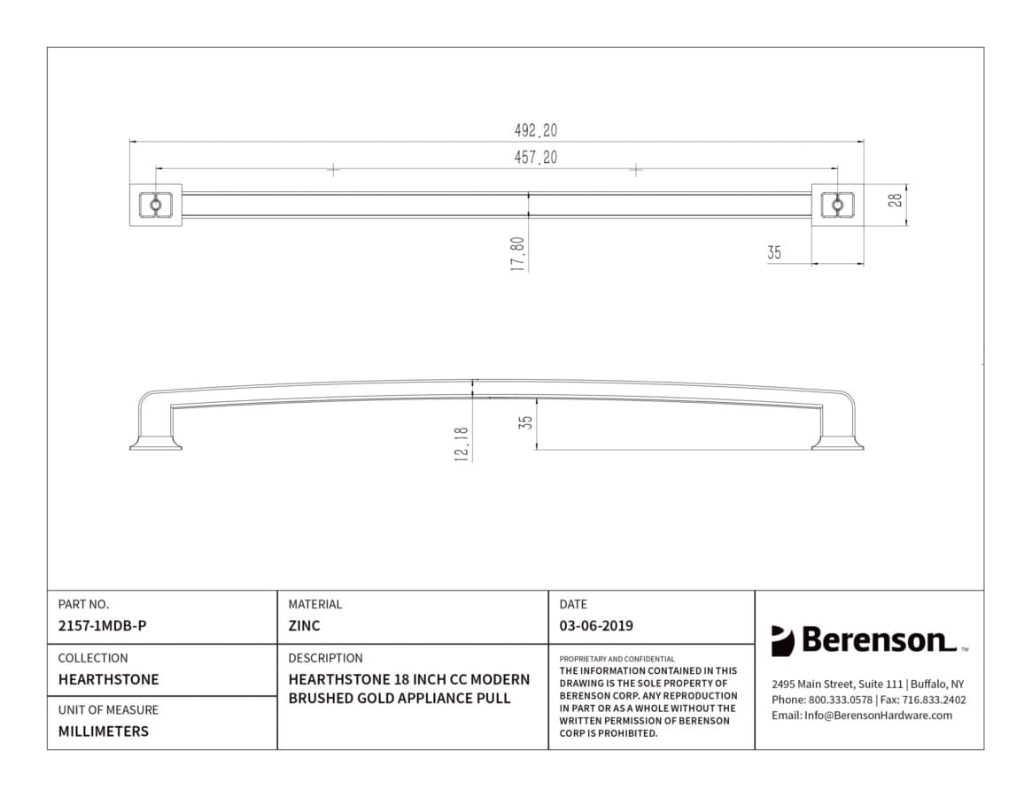 Berenson Hearthstone Modern Brushed Gold 18" (457 mm) Center to Center Appliance Pull, 2157-1MDB-P