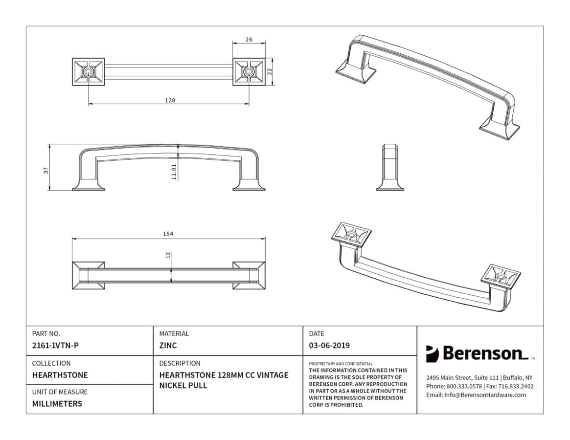 Berenson Hearthstone 5-1/16" (128 mm) Center to Center Vintage Nickel Pull, 2161-1VTN-P