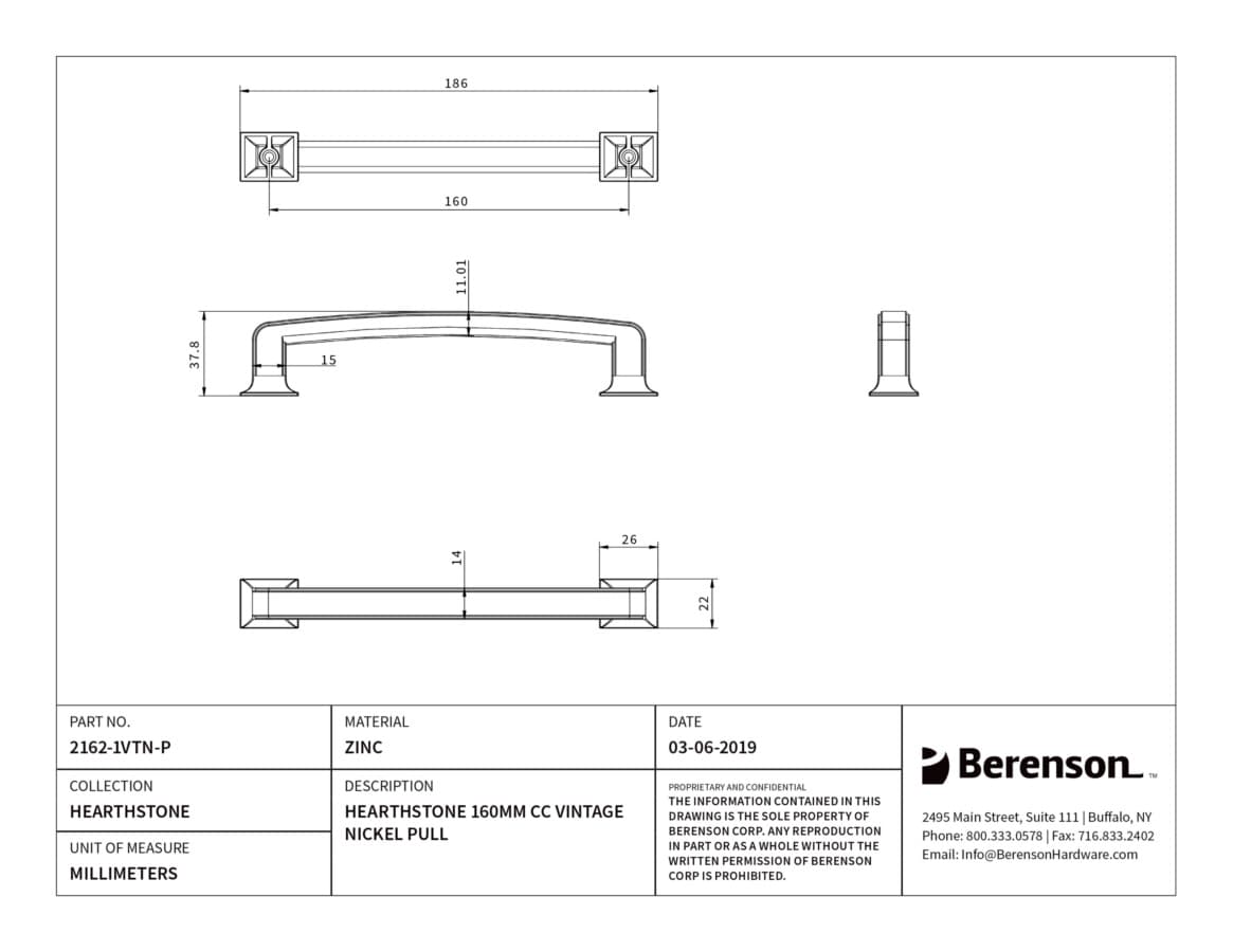Berenson Hearthstone 6-5/16" (160 mm) Center to Center Vintage Nickel Pull, 2162-1VTN-P