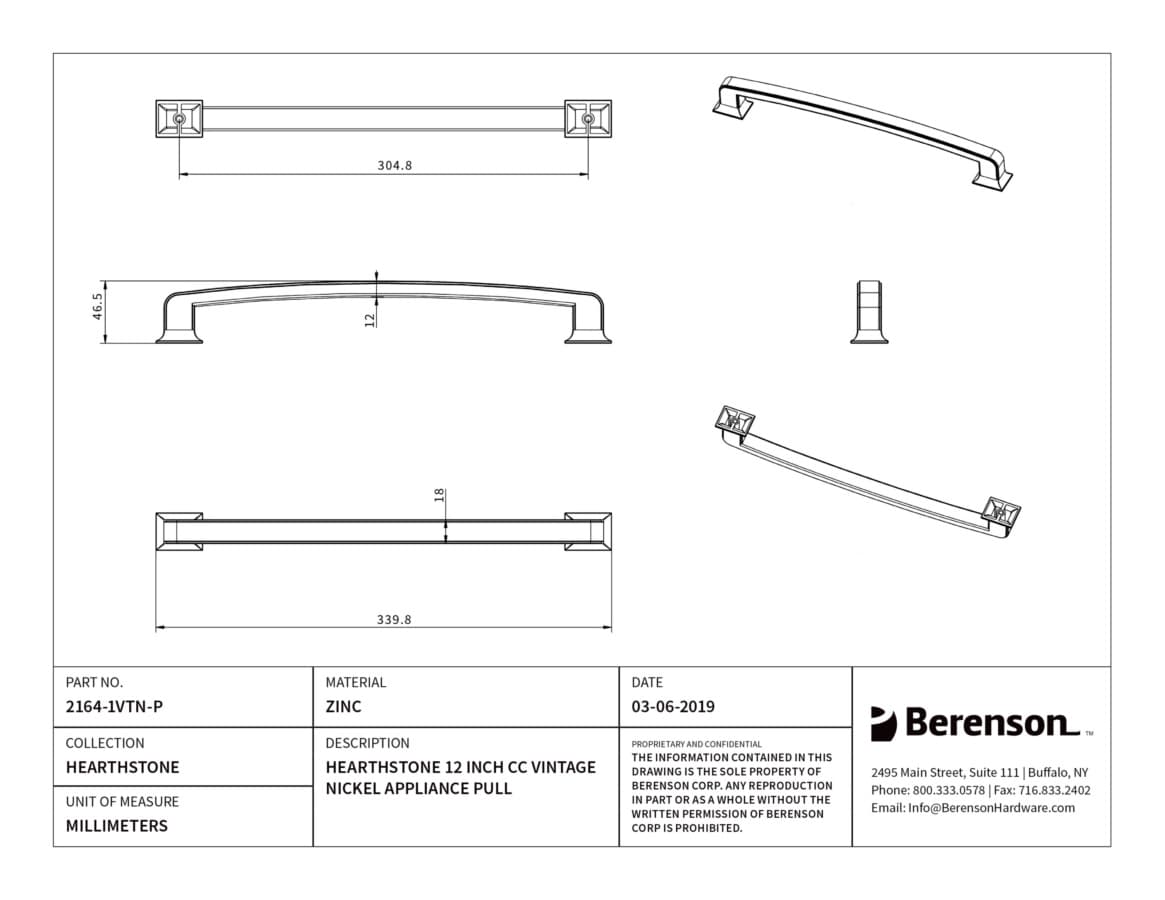 Berenson Hearthstone Vintage Nickel 12" (305 mm) Center to Center Appliance Pull, 2164-1VTN-P