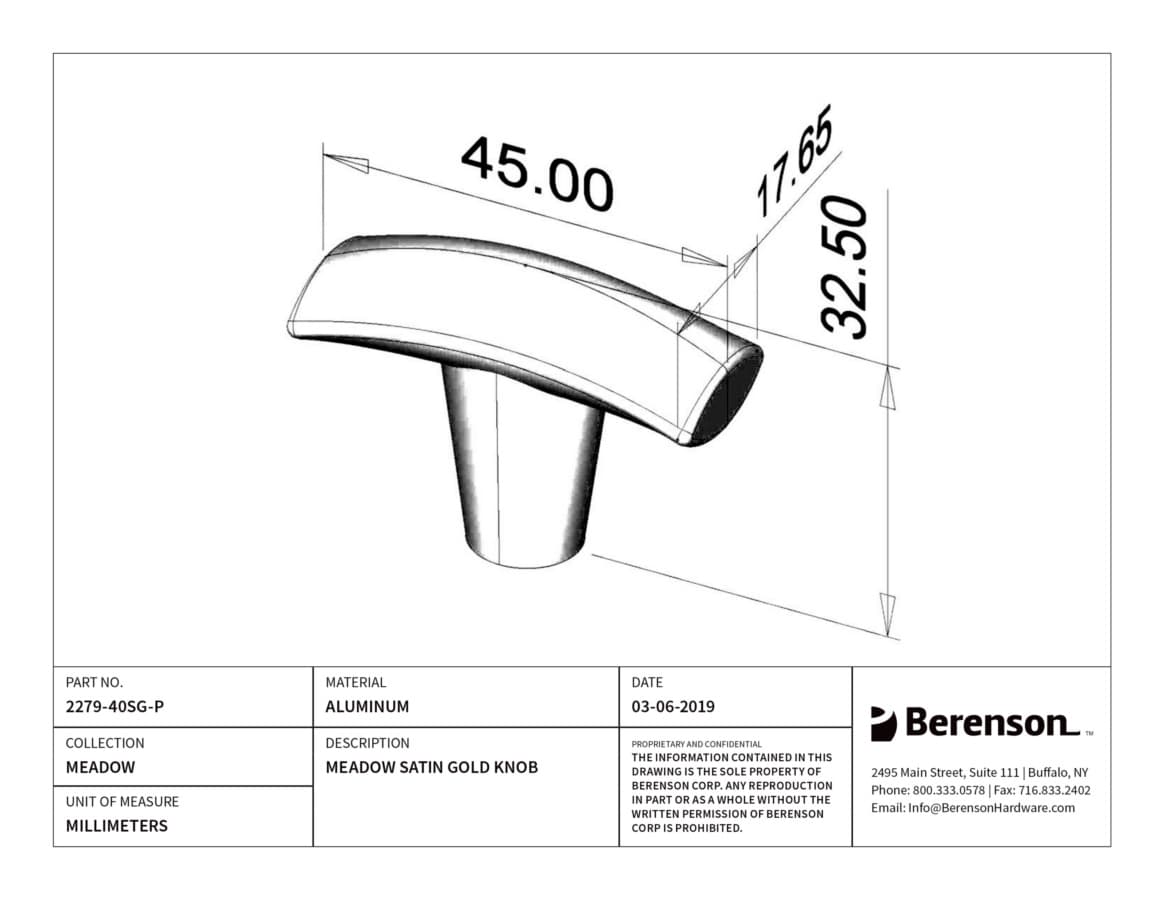 Berenson Meadow Satin Gold 1-3/4" (44 mm) L x 11/16" (17 mm) W Knob, 2279-40SG-P